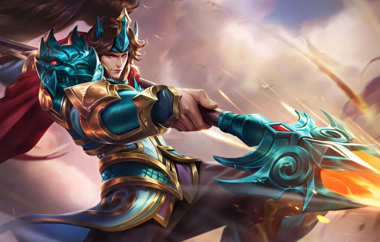 Photo wallpaper clouds, weapons, movement, power, the game, armor, power, warrior