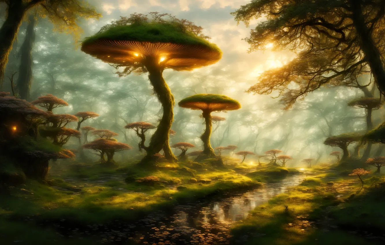 Photo wallpaper landscape, art, sun, pathway, mushroom, digital art, fantasy art, creek