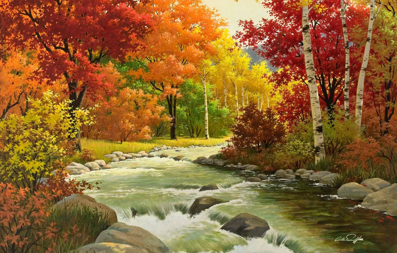 Photo wallpaper autumn, forest, leaves, trees, nature, paint, picture, Arthur Saron Sarnoff