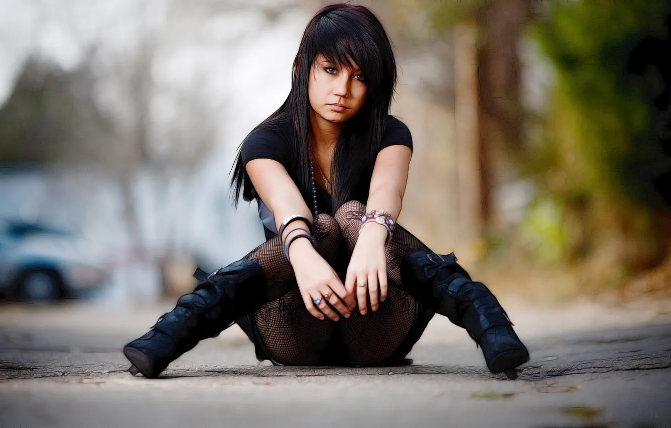 Photo wallpaper black, stockings, boots, brunette, sitting