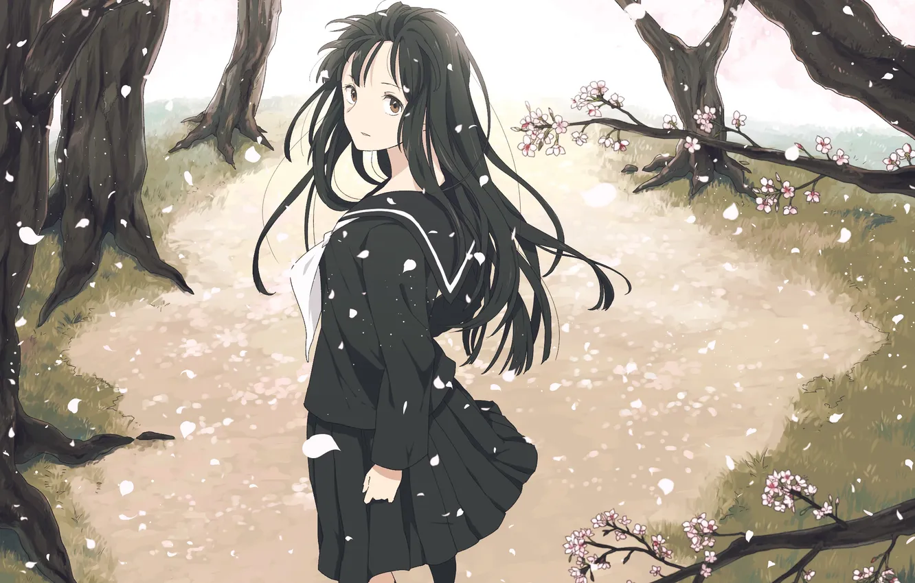 Photo wallpaper girl, trees, petals, school uniform