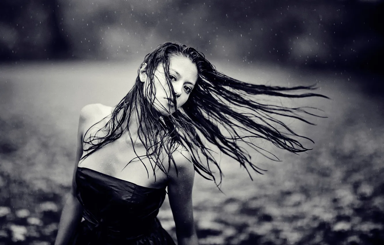 Photo wallpaper girl, drops, rain, wet hair