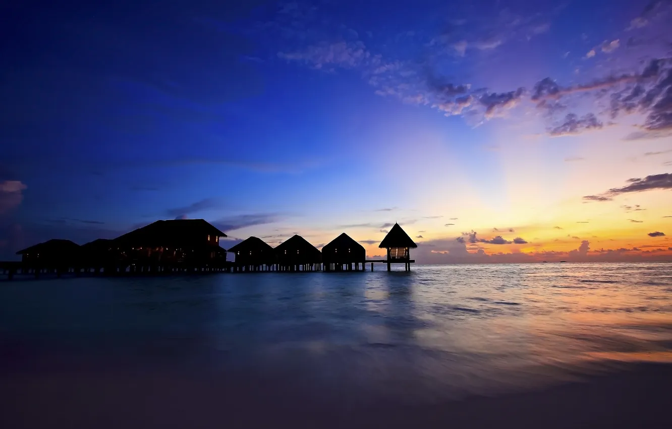 Photo wallpaper sea, the sky, sunset, the evening, The Maldives, Bungalow