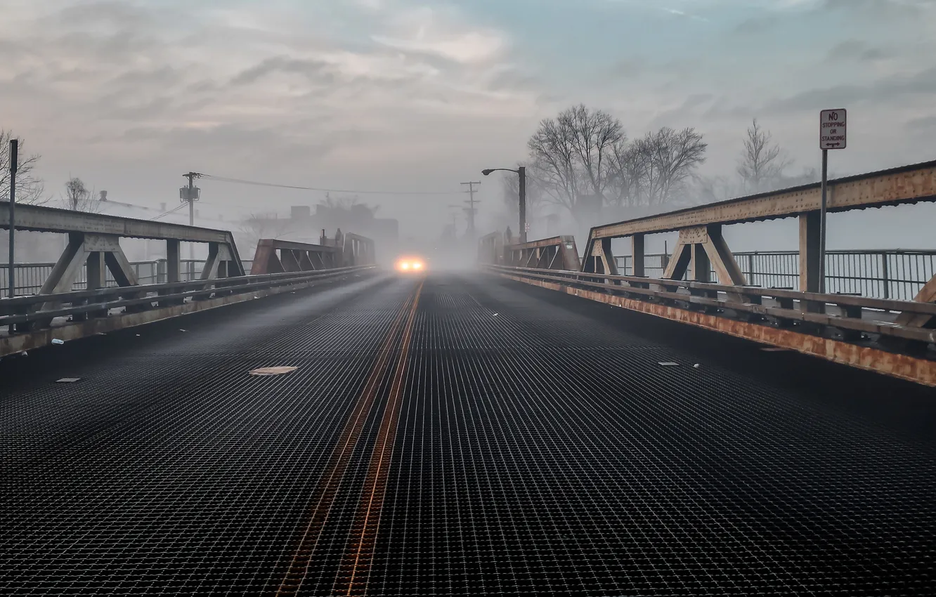 Photo wallpaper light, bridge, fog, car, New Jersey