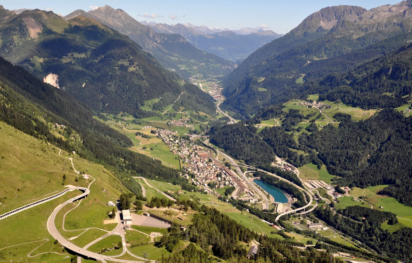Photo wallpaper road, forest, the sky, clouds, mountains, lake, pond, height