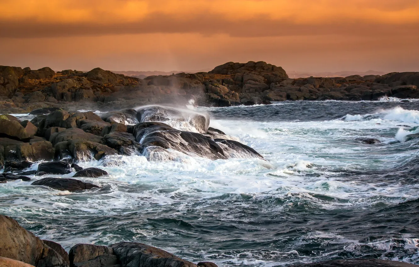 Photo wallpaper sea, landscape, sunset, rocks