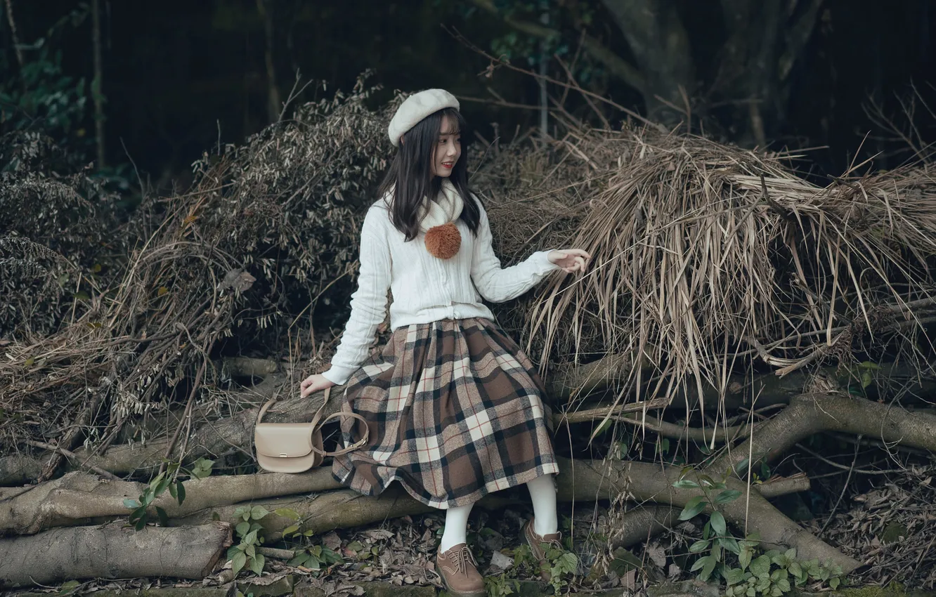 Photo wallpaper woman, smile, beautiful, model, pretty, asian, bag, sitting