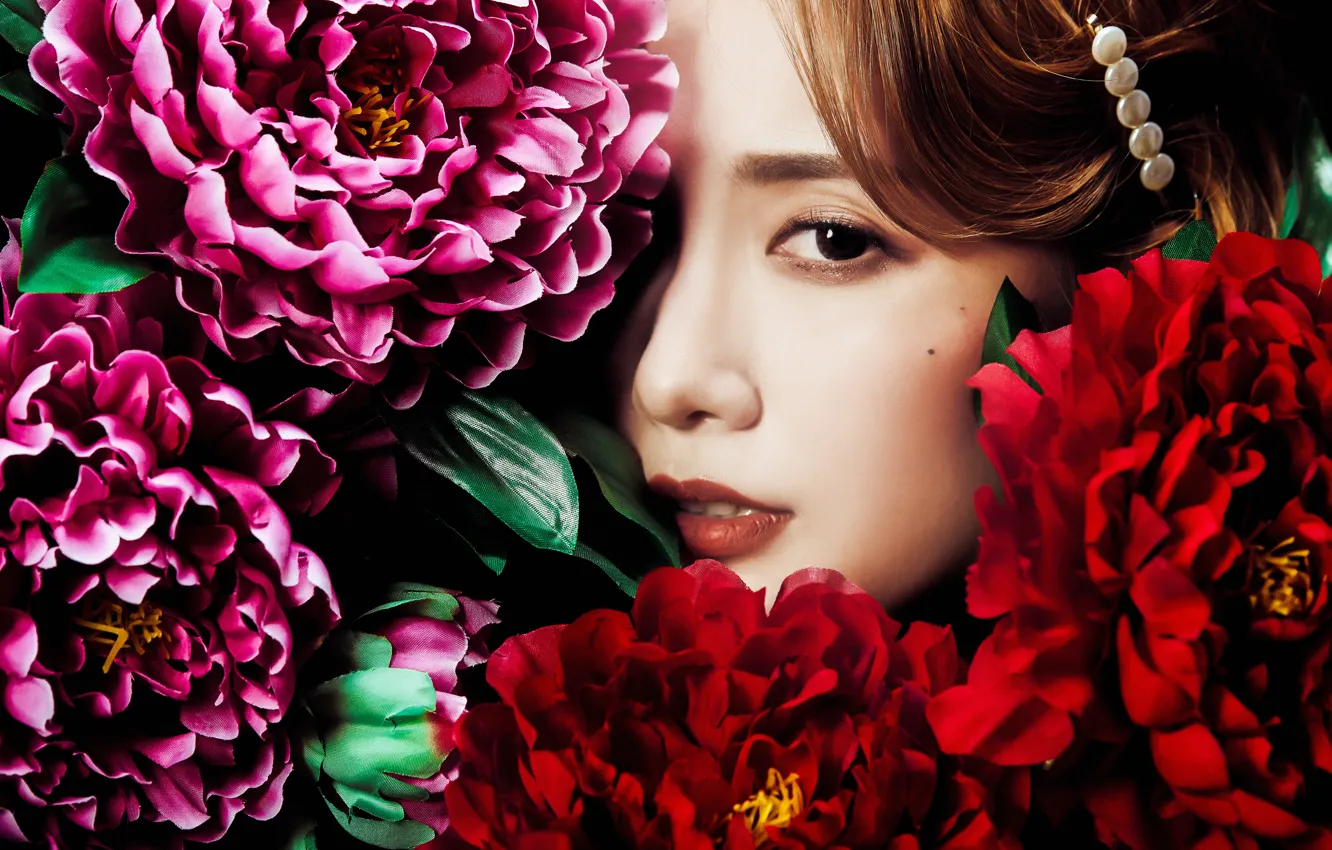 Photo wallpaper look, girl, flowers, face, Asian