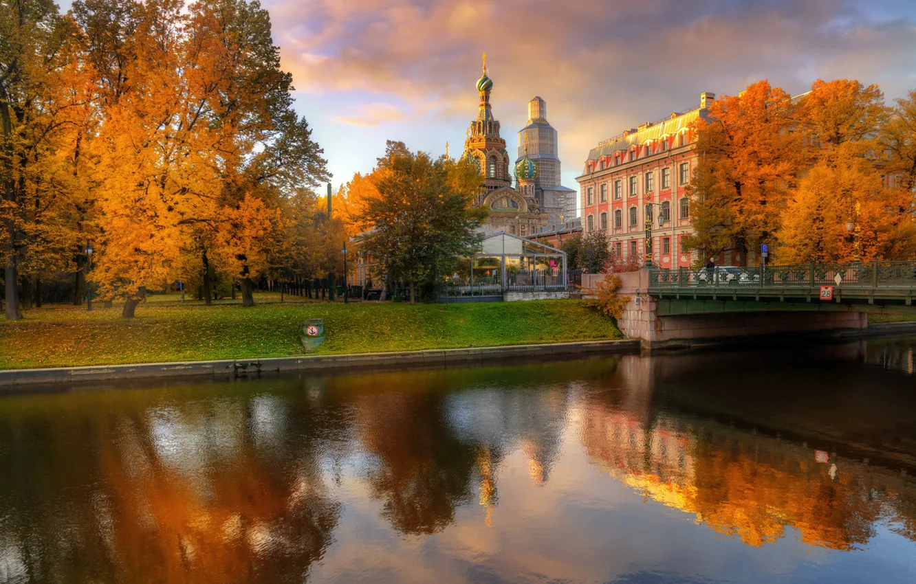 Photo wallpaper autumn, trees, bridge, the city, river, Church, Eduard Gordeev, Saint Petersburg