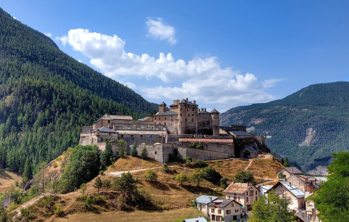 Photo wallpaper forest, the sky, clouds, trees, landscape, mountains, the city, castle