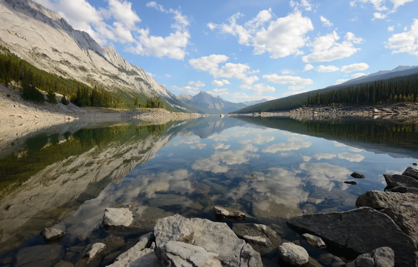 Photo wallpaper forest, clouds, mountains, fog, lake, reflection, blue, stones