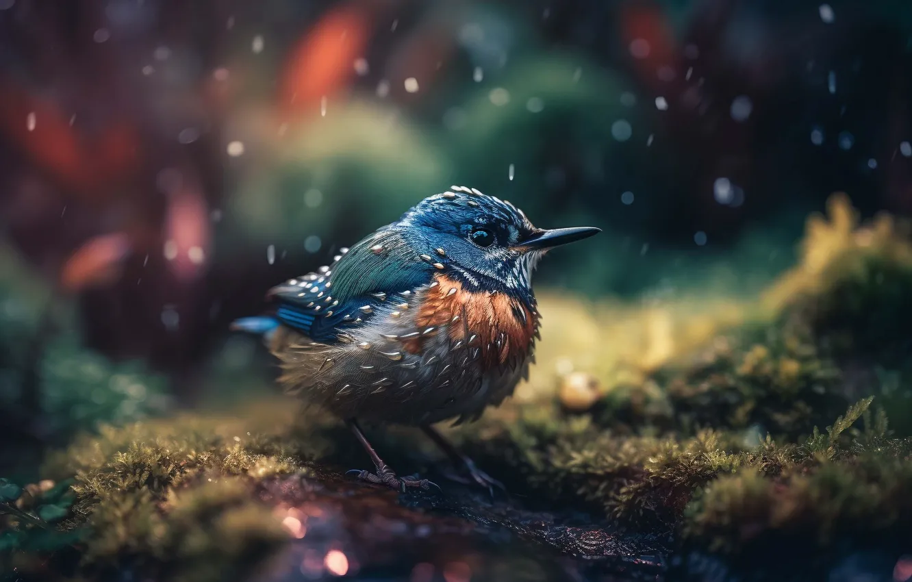 Photo wallpaper drops, rain, bird, glade, graphics, moss, art, bokeh