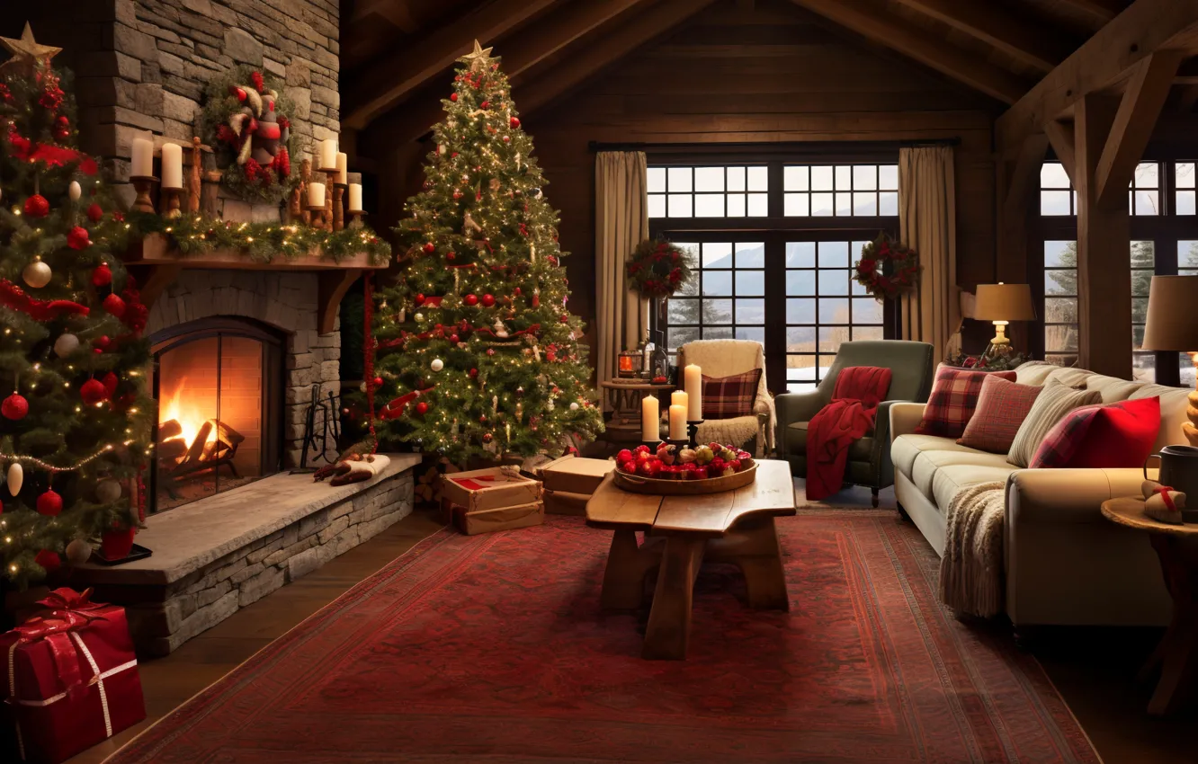 Photo wallpaper decoration, house, room, balls, tree, interior, New Year, Christmas