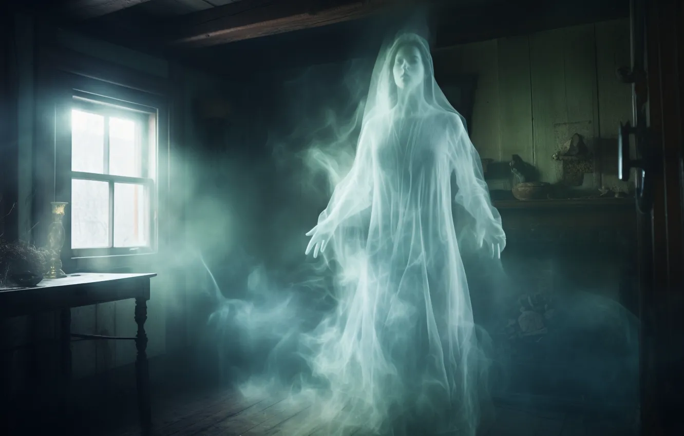 Photo wallpaper girl, light, fog, table, room, furniture, mystic, figure