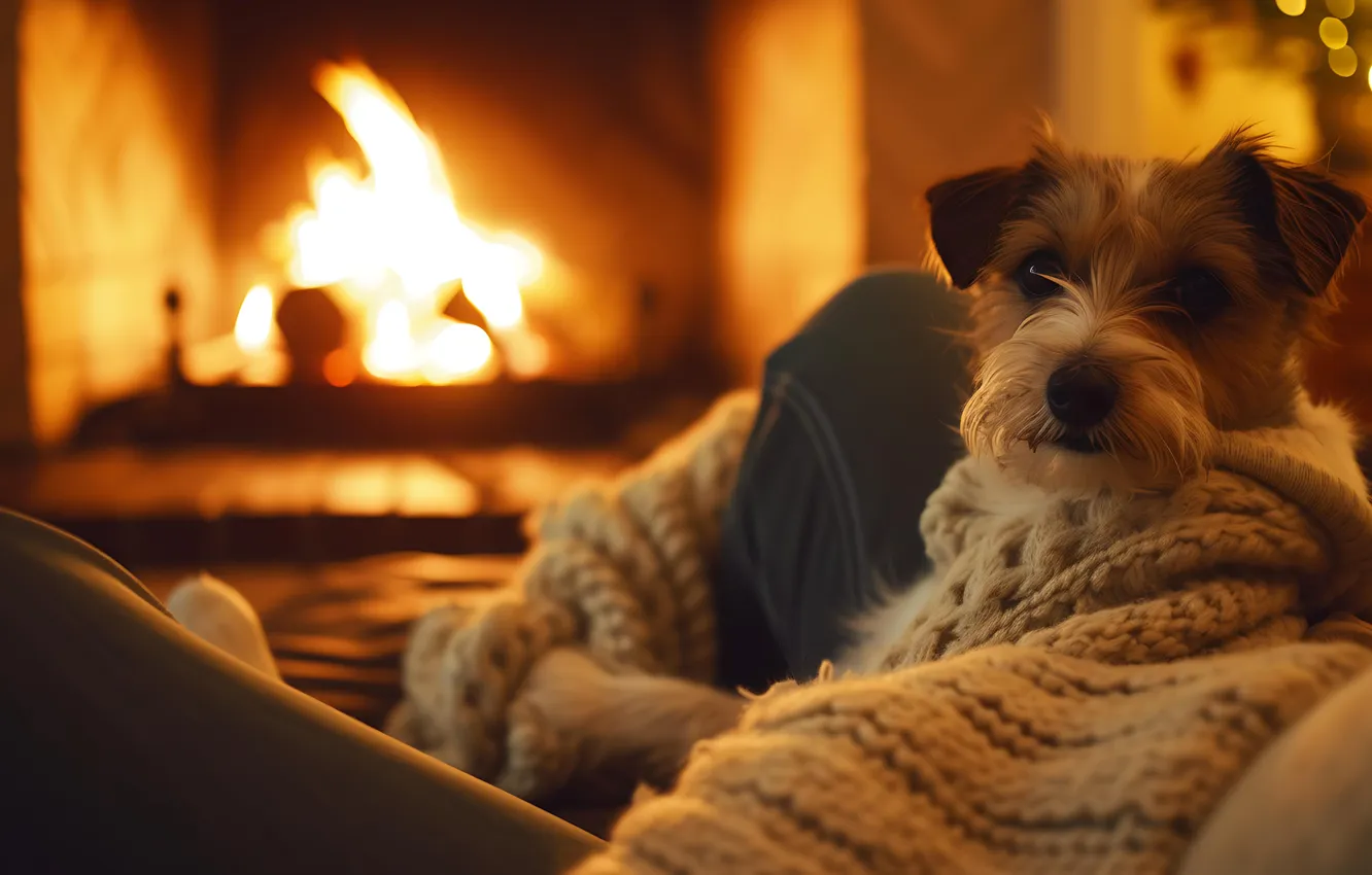 Photo wallpaper lights, comfort, flame, dog, fireplace, plaid, AI art, neural network