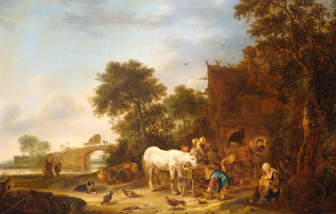 Photo wallpaper trees, landscape, oil, picture, Isaac van Ostade, Coaching Inn with a Horse at the Trough
