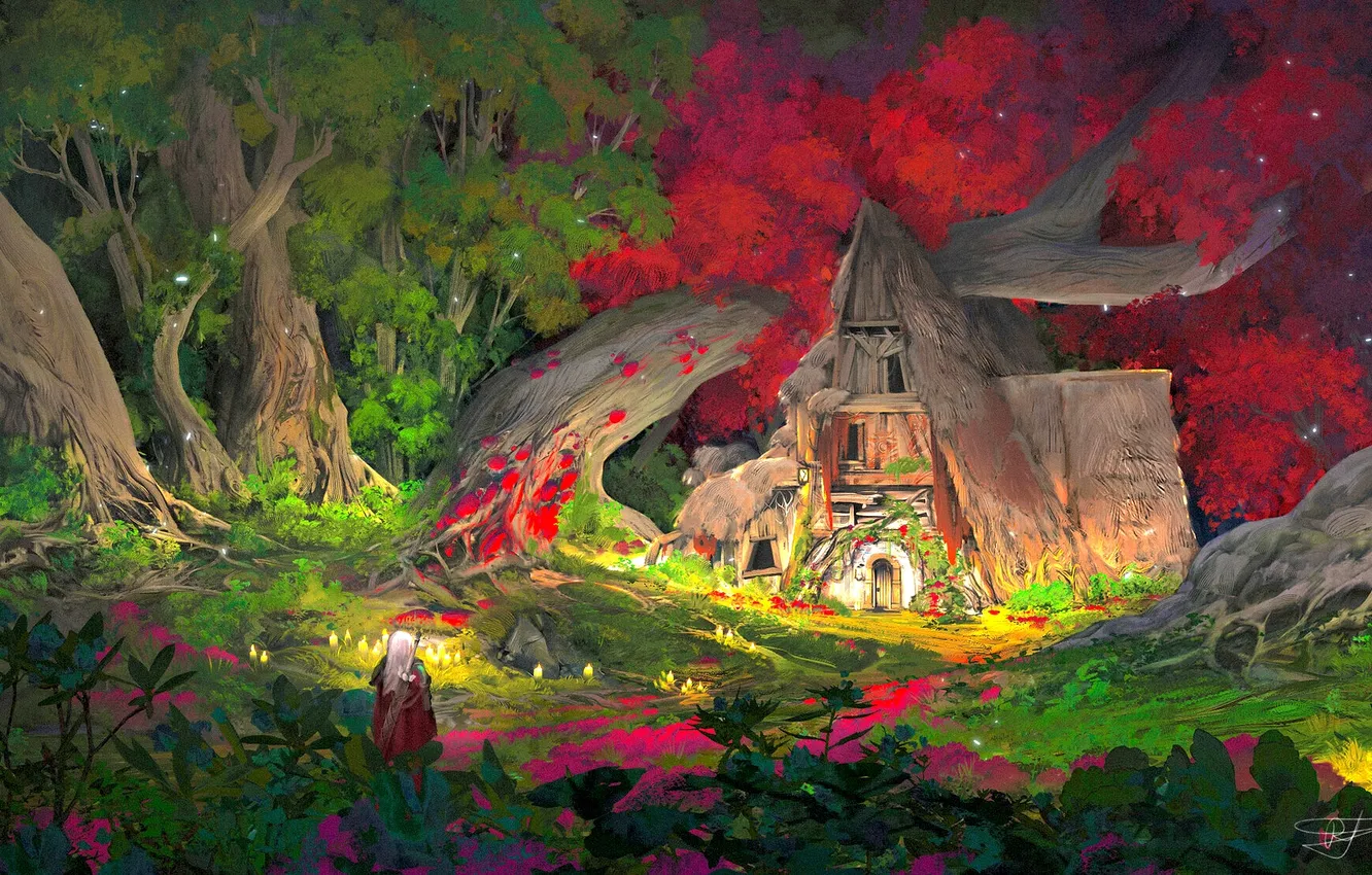 Photo wallpaper sword, fantasy, forest, field, tree, digital art, artwork, warrior