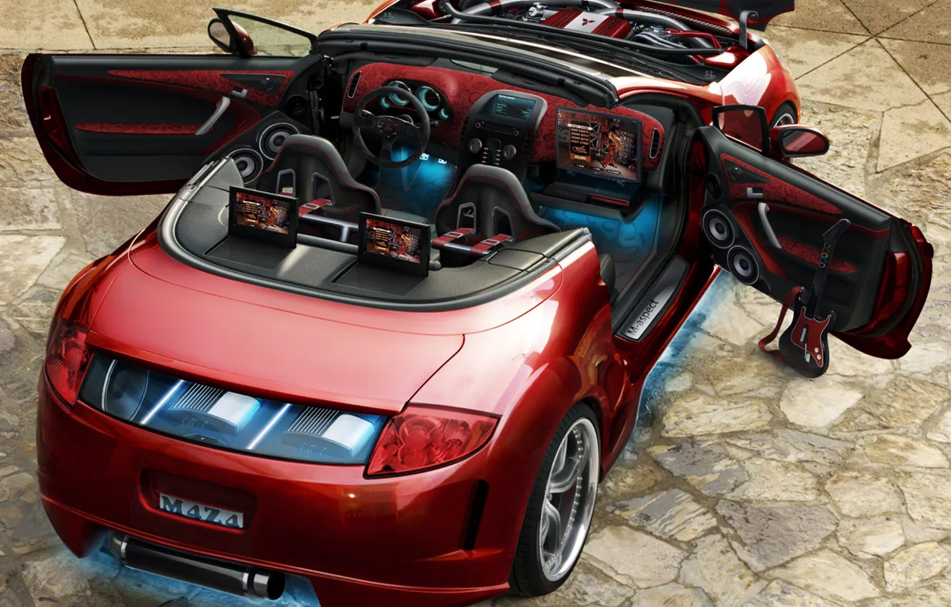Photo wallpaper red, tuning, convertible, mitsubishi, engine, monitors, system, backlight.