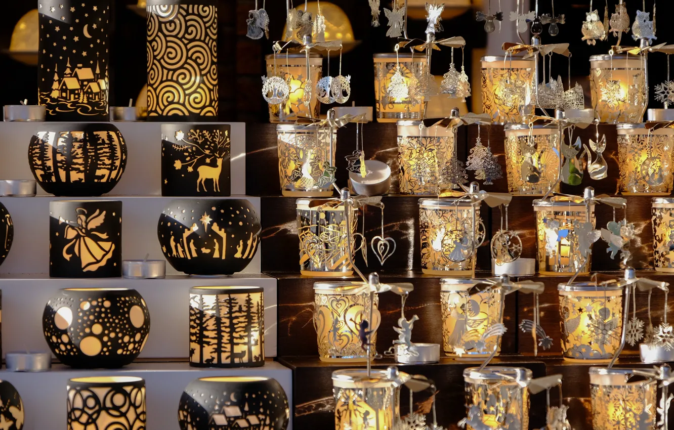 Photo wallpaper new year, candles, Christmas, shop, candle holder, shelves, sale