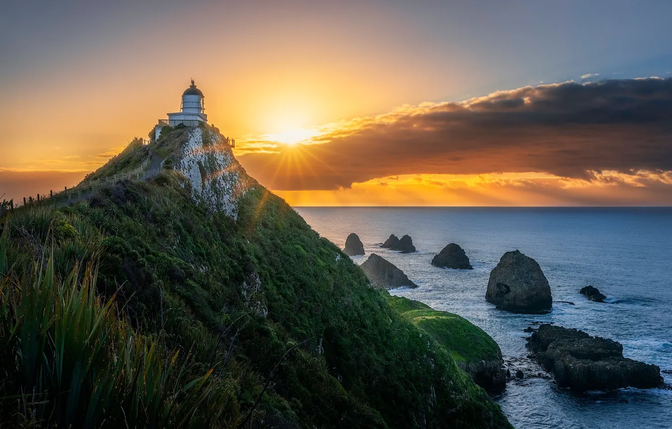 Photo wallpaper sunrise, the ocean, rocks, dawn, lighthouse, New Zealand, Pacific Ocean, New Zealand