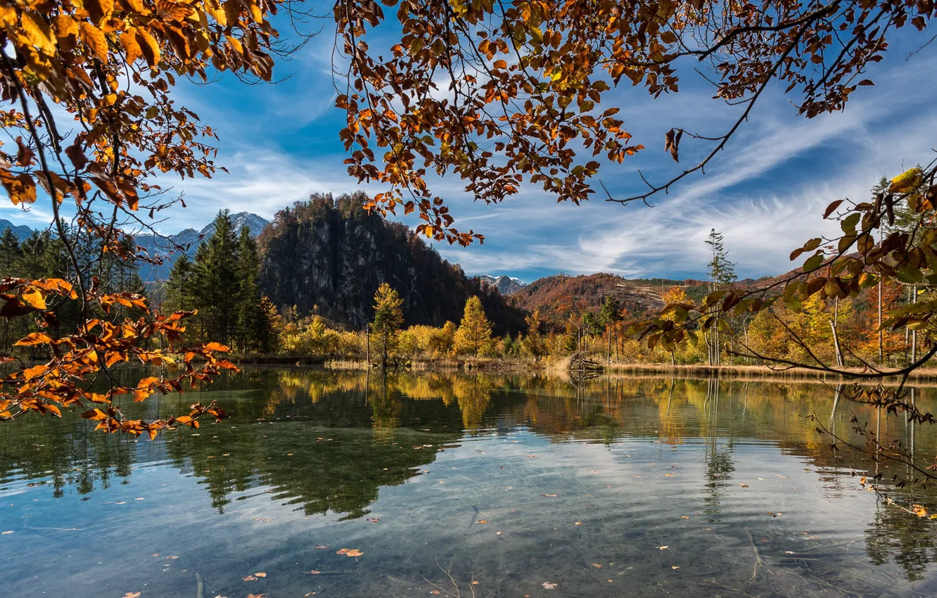 Photo wallpaper autumn, trees, landscape, mountains, branches, nature, lake, hills