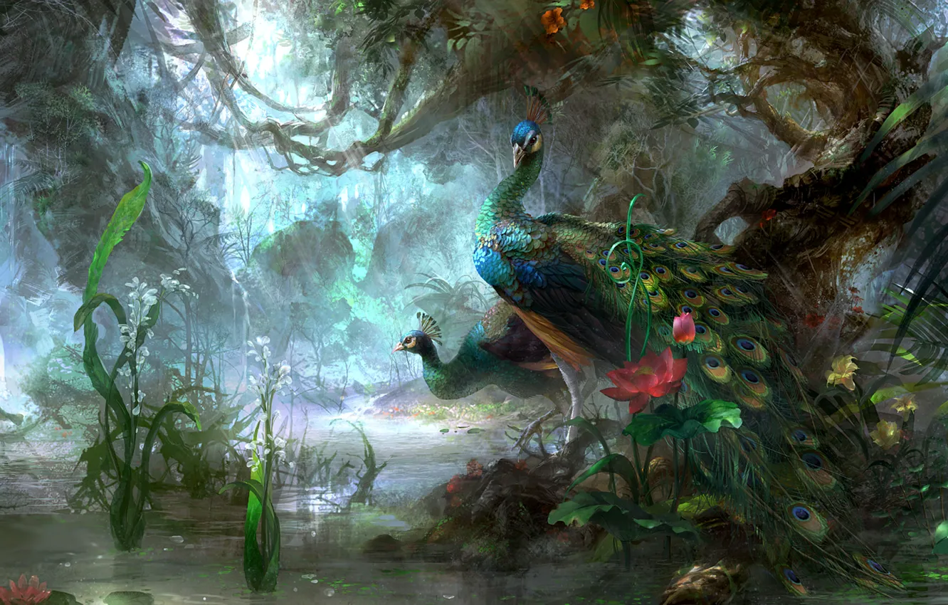 Photo wallpaper flowers, nature, pond, bird, figure, peacock
