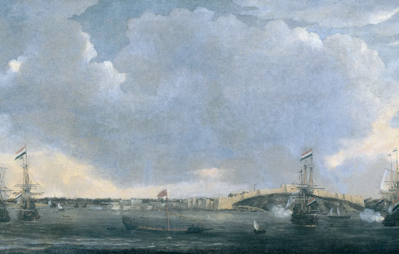 Photo wallpaper landscape, ship, oil, picture, canvas, Reinier Nooms, View Of Tripoli