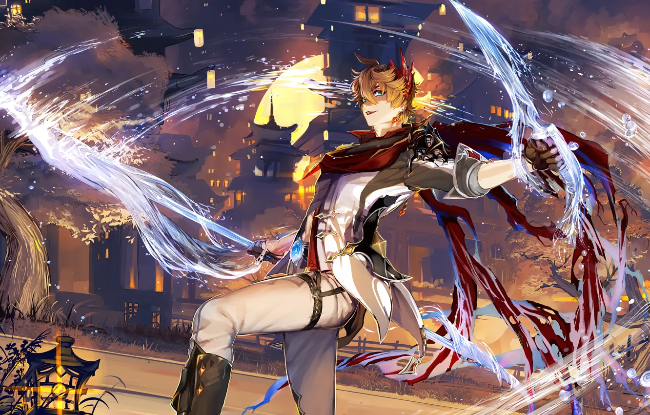 Photo wallpaper characters, Character, magic, anime, night, night, warrior, buildings