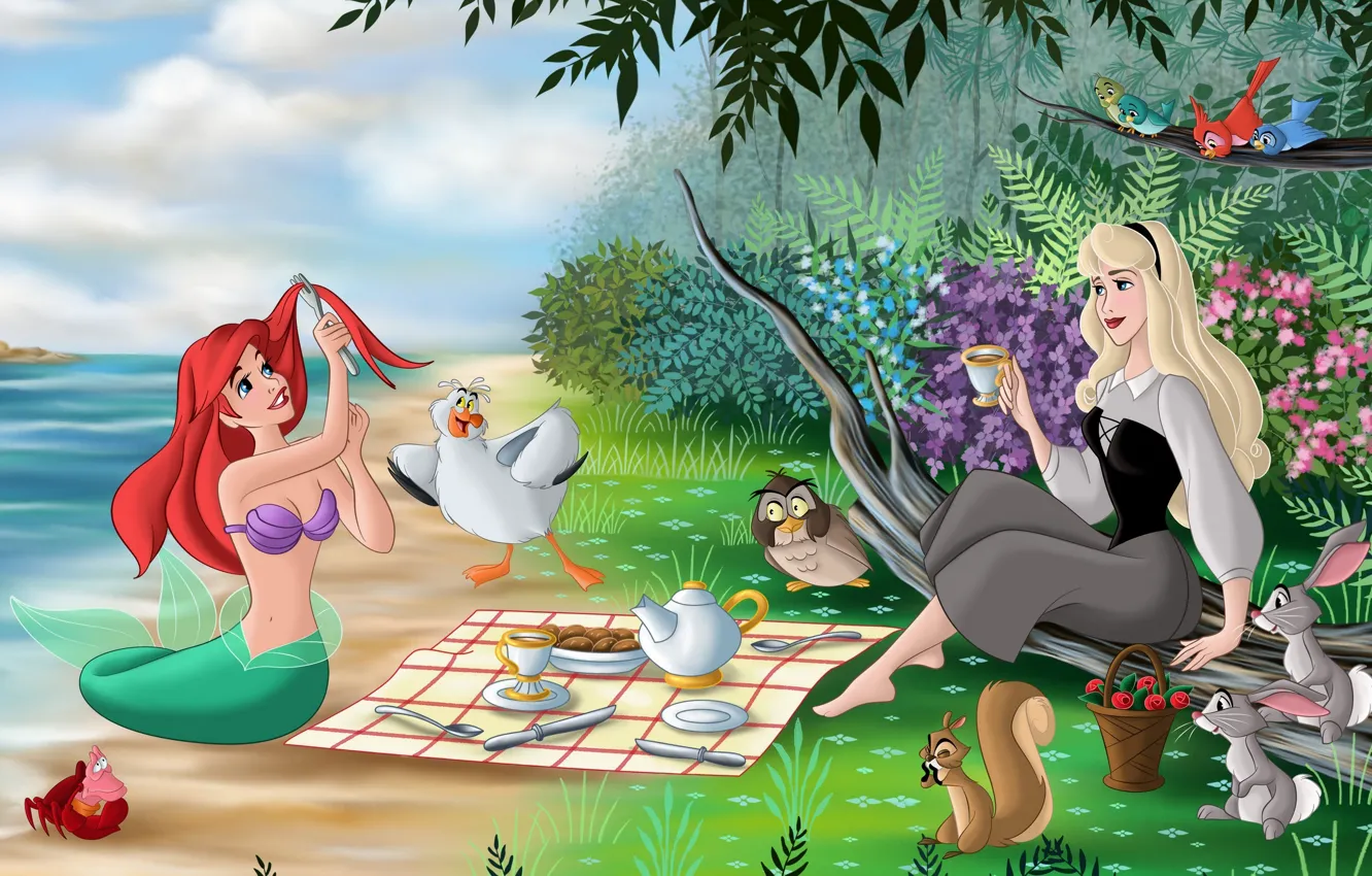 Photo wallpaper sea, trees, flowers, fantasy, bird, shore, cartoon, mermaid