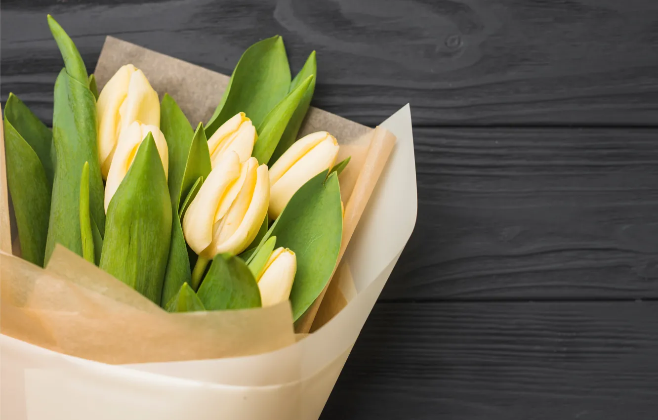 Photo wallpaper flowers, bouquet, tulips, yellow, wood, flowers, romantic, tulips