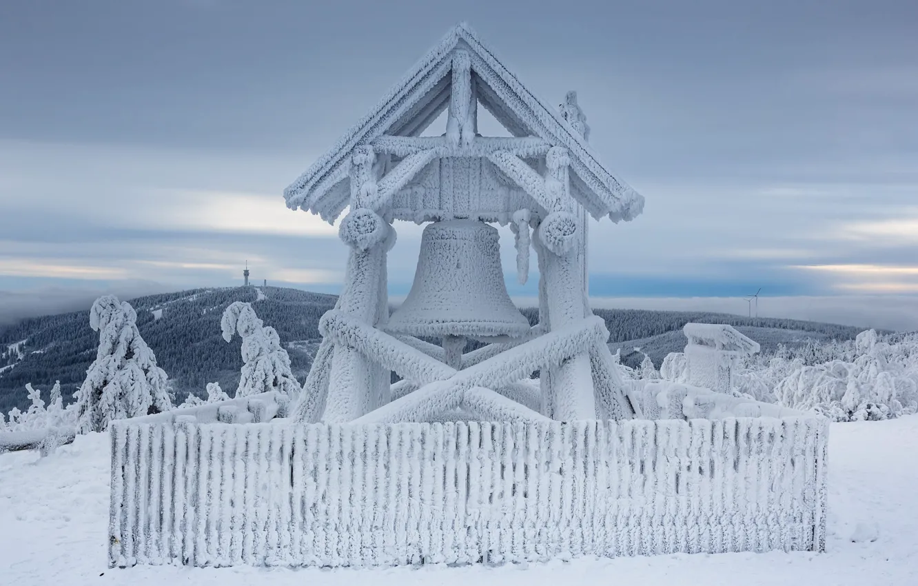 Photo wallpaper winter, frost, roof, forest, the sky, snow, mountains, the fence