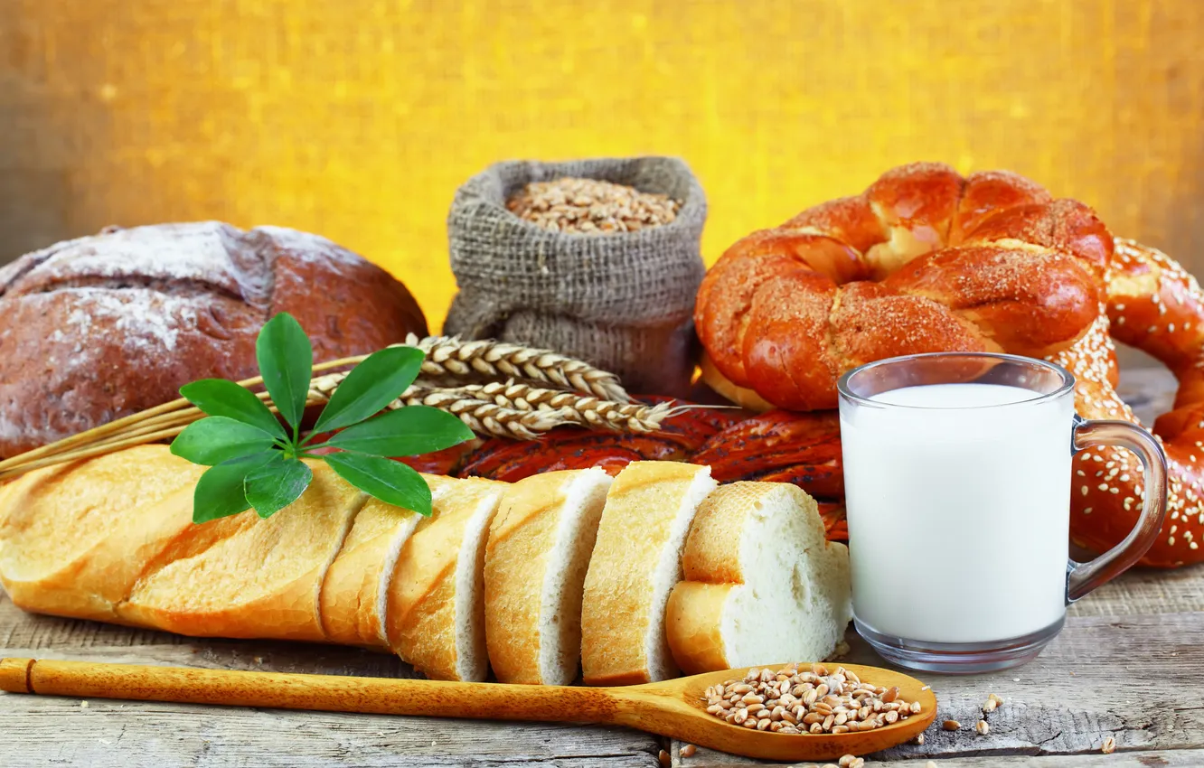 Photo wallpaper table, milk, Cup, ears, buns, the spatula, baton, rifled