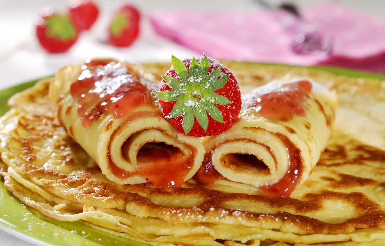Photo wallpaper food, strawberry, pancakes, cakes, sweet, tube, jam