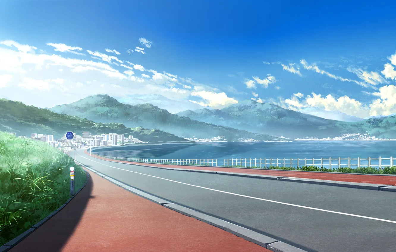 Photo wallpaper road, sea, clouds, landscape, mountains, the city, art, the sidewalk