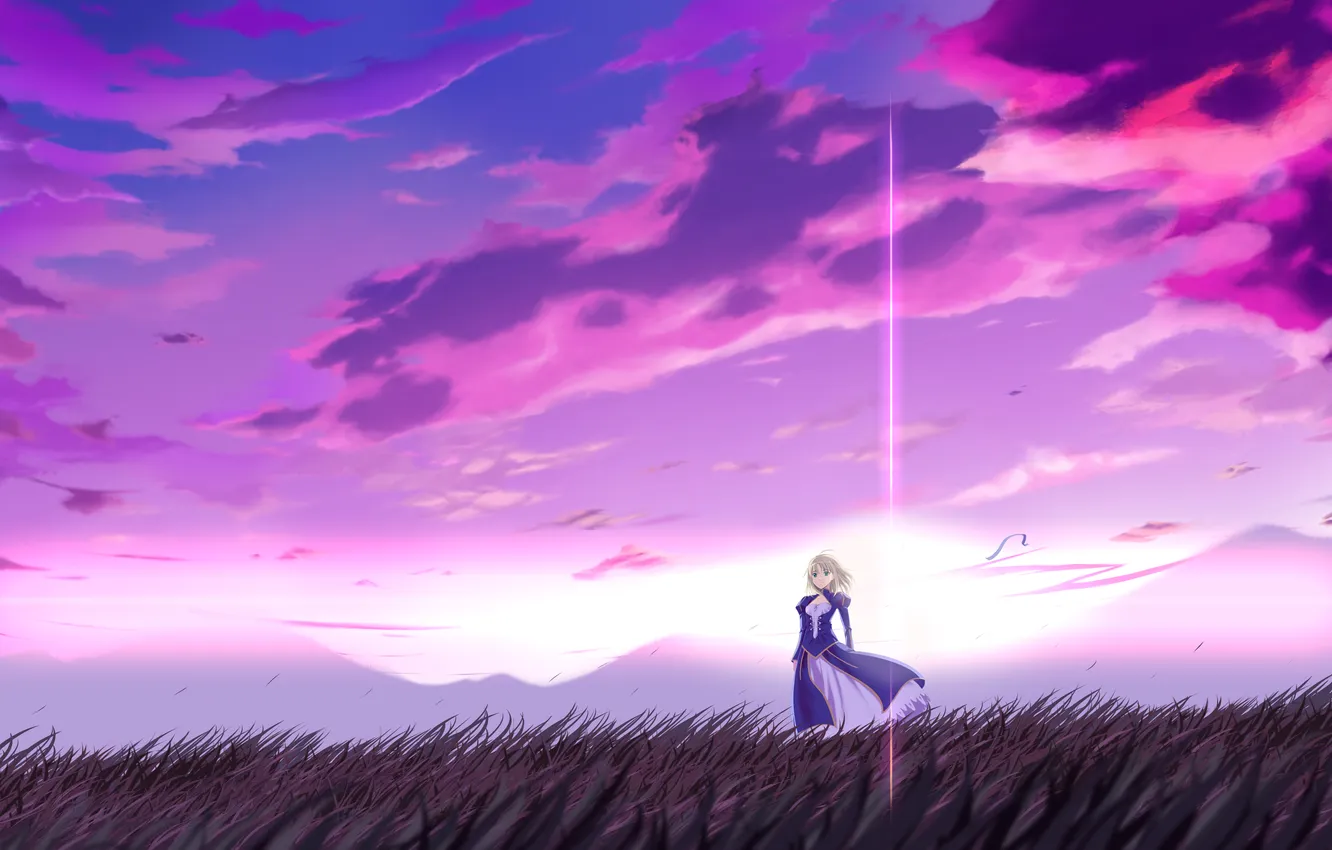 Photo wallpaper field, clouds, the wind, Shine, horizon, art, purple, landscape