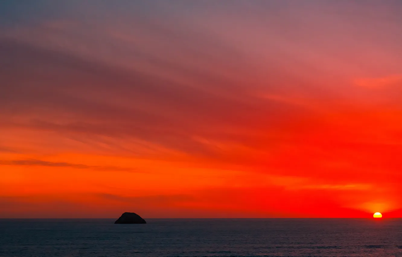 Photo wallpaper sea, the sky, the sun, clouds, sunset, rocks, island, glow