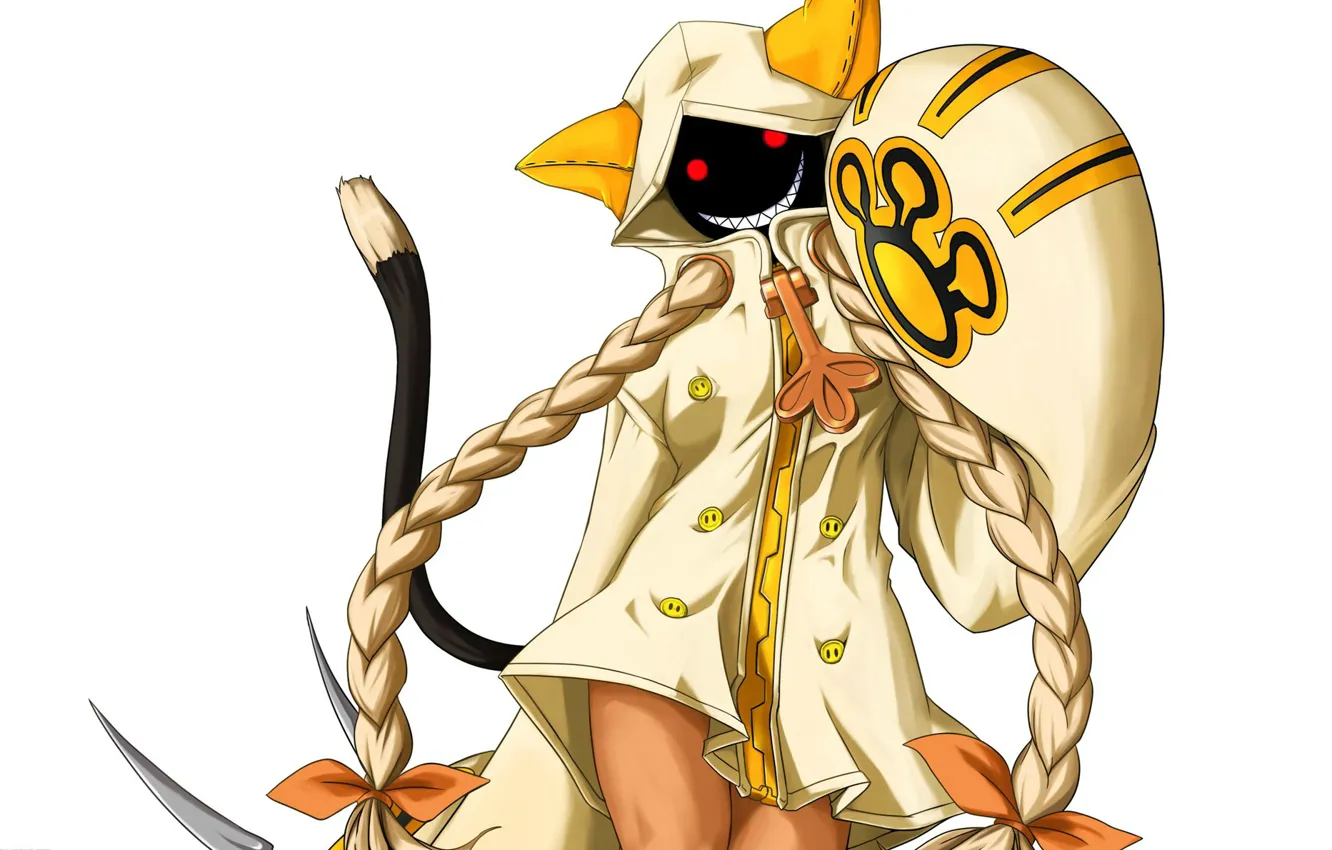 Photo wallpaper smile, paws, hood, tail, white background, braid, ears, blazblue