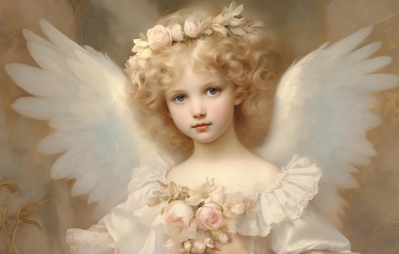 Photo wallpaper look, flowers, hair, wings, angel, girl, digital art, AI art
