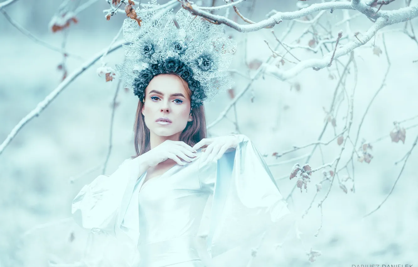 Photo wallpaper winter, look, leaves, girl, snow, decoration, trees, flowers