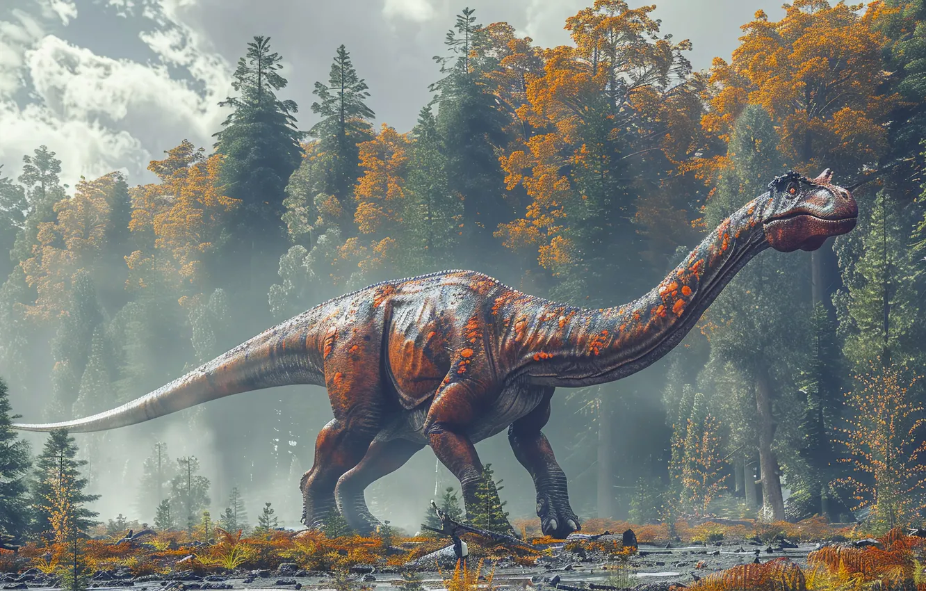 Photo wallpaper grass, trees, animal, dinosaur, tail, neck, digital art, Ancient animals