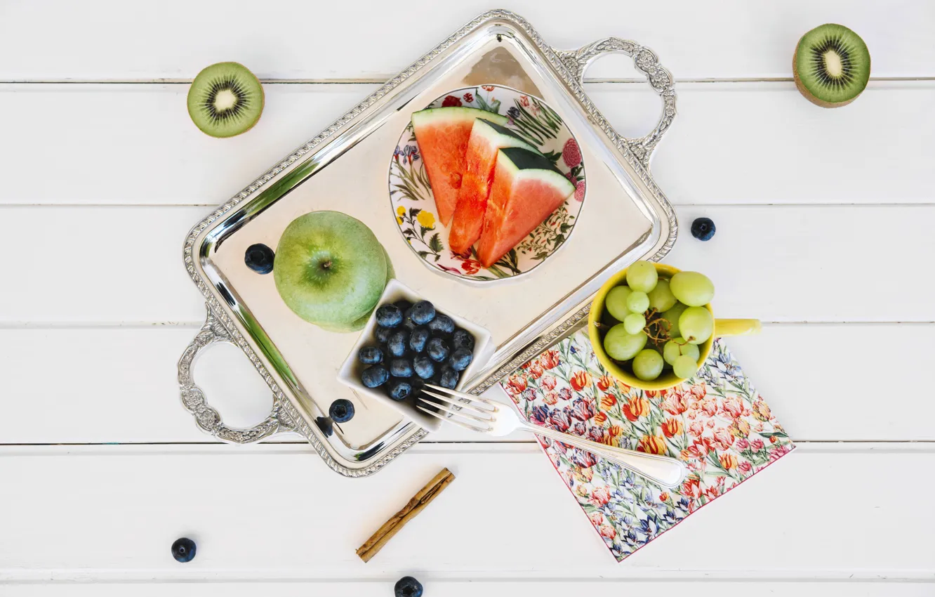 Photo wallpaper apple, watermelon, kiwi, grapes, fruit, wood, kiwi, watermelon