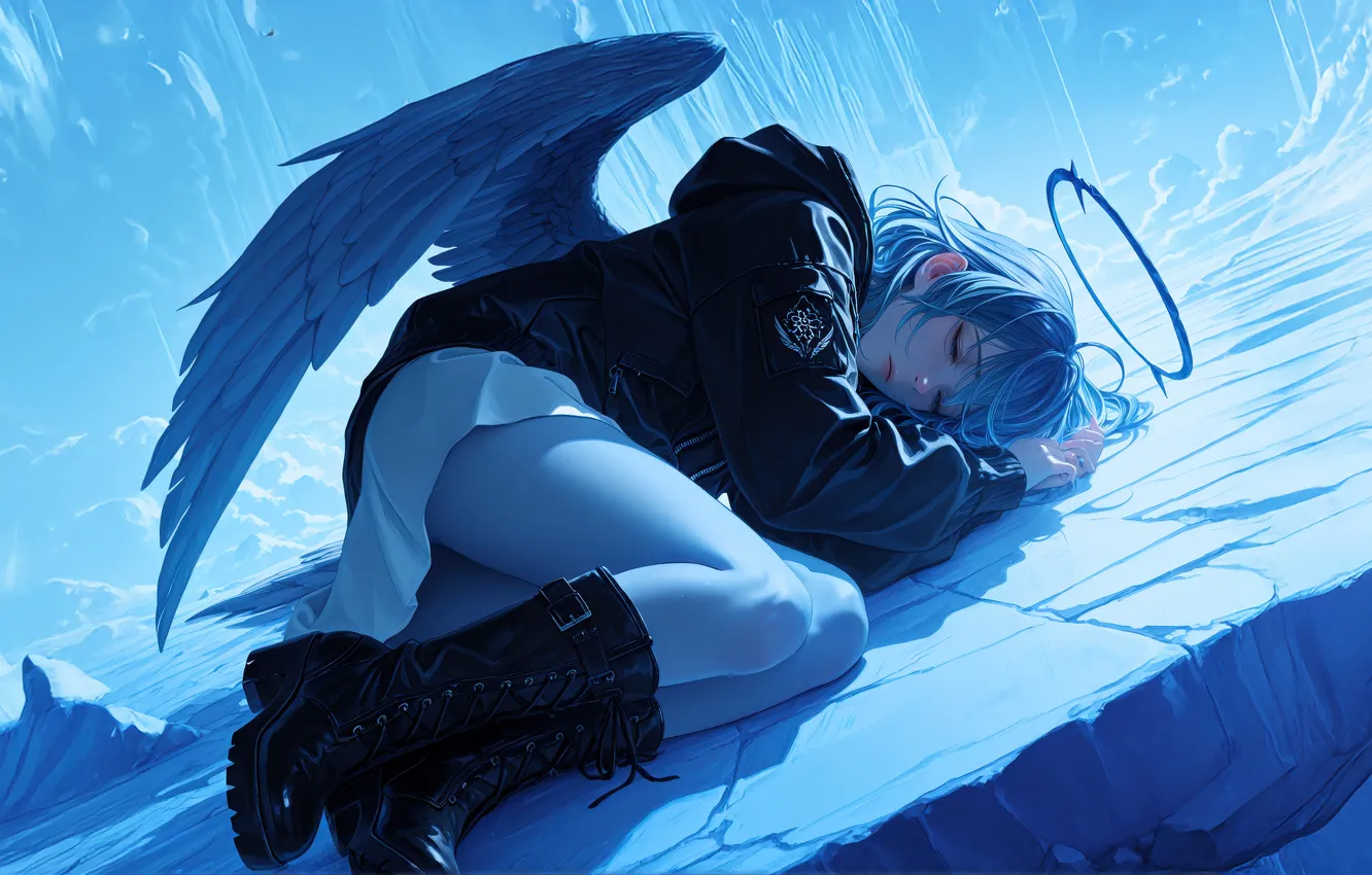 Photo wallpaper girl, blue, wings, angel, resting