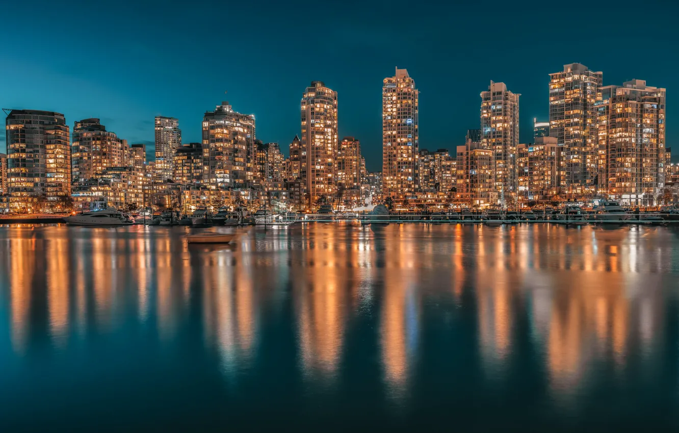 Photo wallpaper light, night, the city, lights, reflection, shore, boat, building