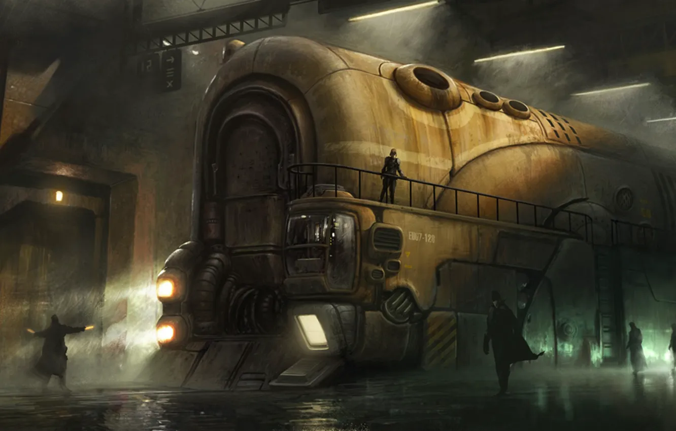 Photo wallpaper road, people, train, locomotive, iron, huge