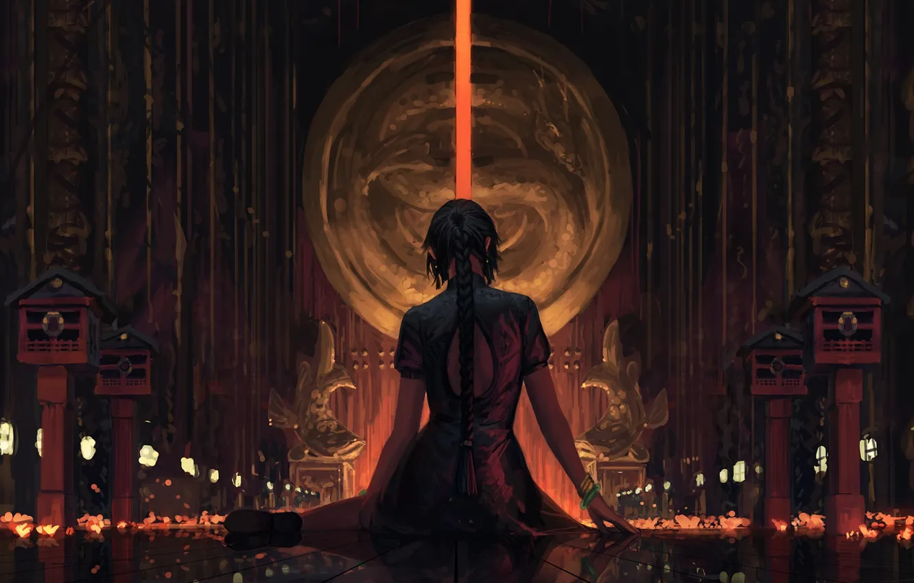 Photo wallpaper girl, fantasy, braid, dragon, digital art, artwork, fantasy art, lantern