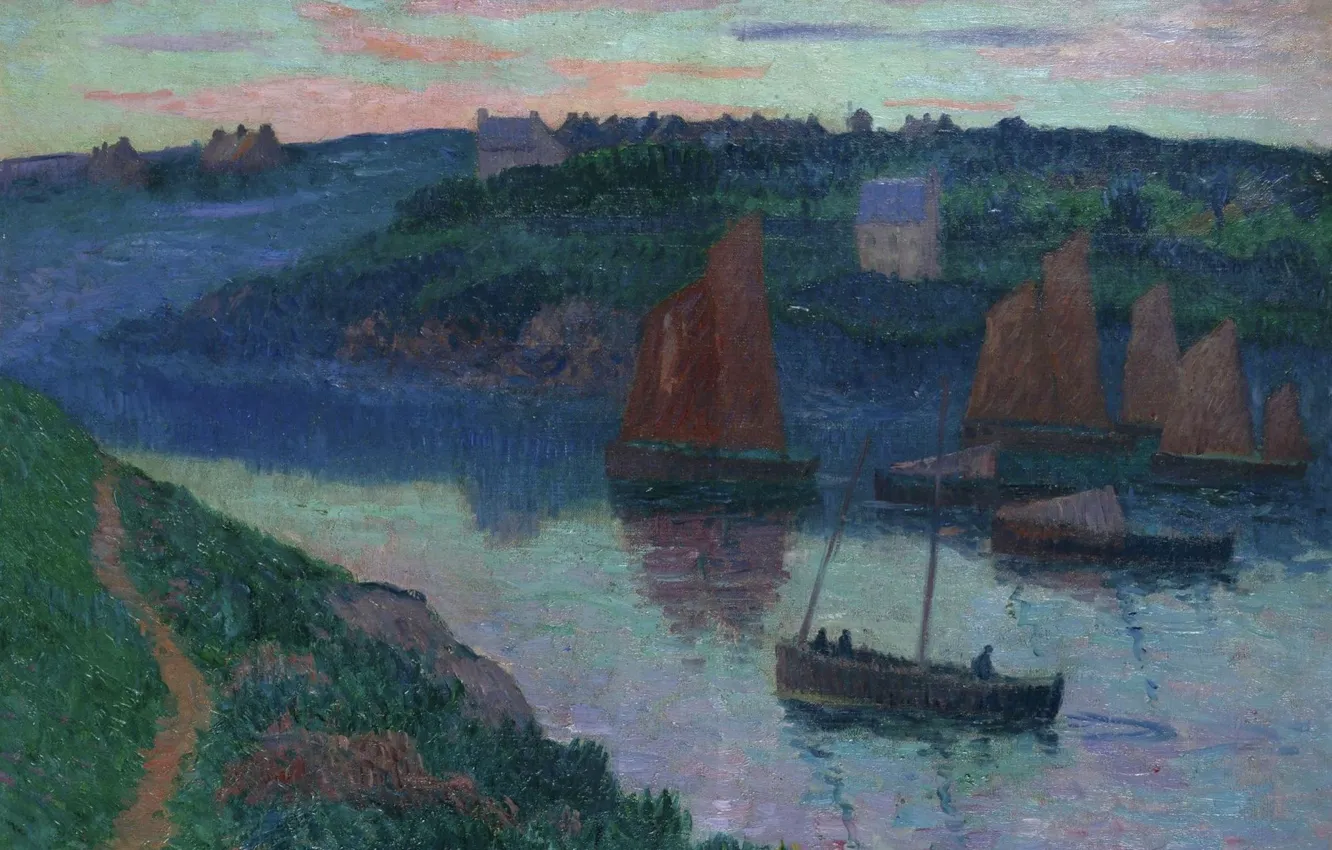 Photo wallpaper landscape, hills, boat, home, picture, sail, Henri Moret, Fishing boats in Brittany