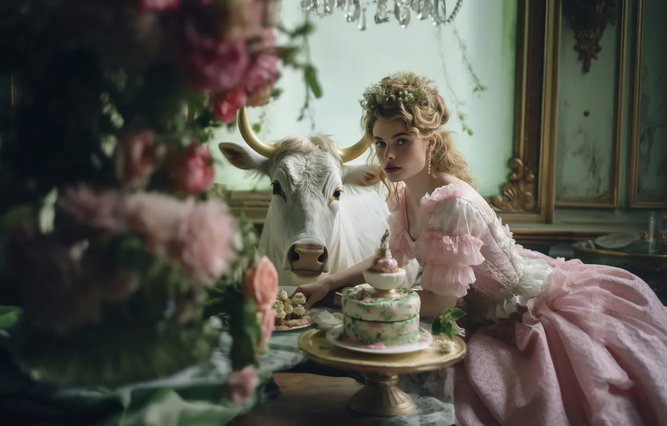 Photo wallpaper white, girl, flowers, room, cows, fantasy, cake, Princess