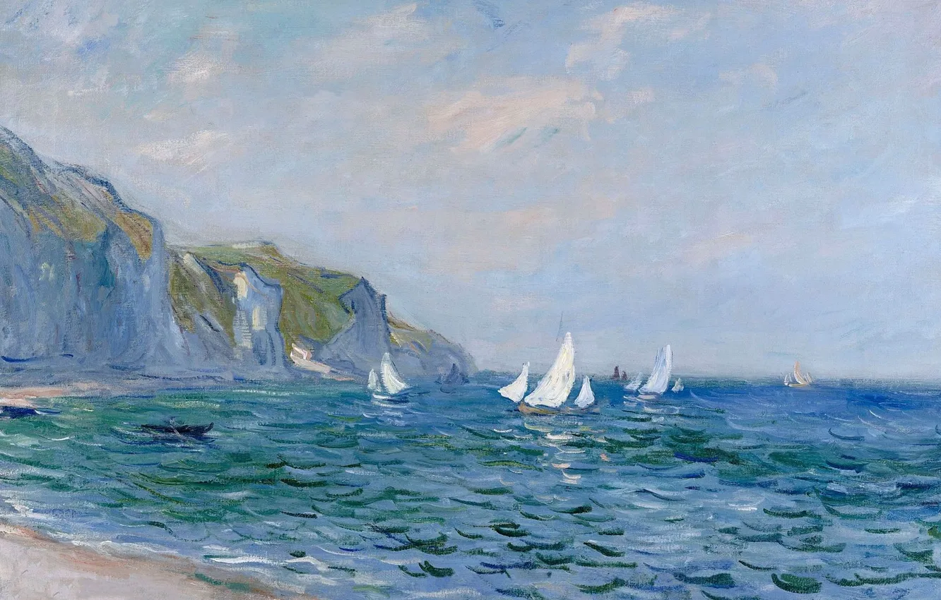 Photo wallpaper picture, seascape, Claude Monet, Cliffs and Sailboats at Purvile