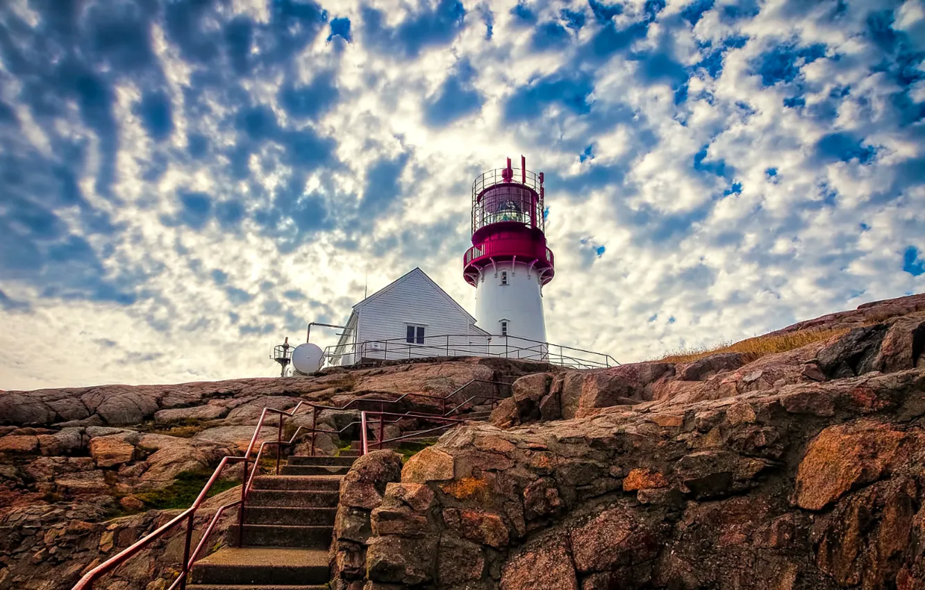 Photo wallpaper the sky, clouds, rocks, lighthouse, Norway, ladder, stage, Norway