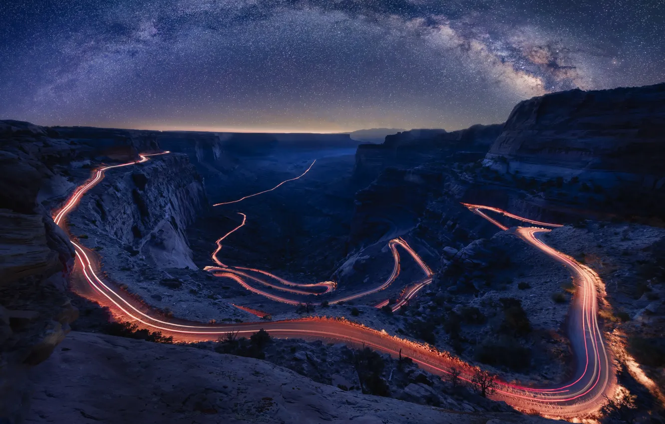 Photo wallpaper road, mountains, night, lights